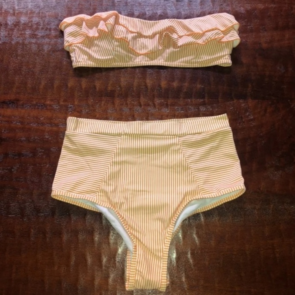 Retro Stripe Bandeau Strapless High Waisted Bikini - Picture 2 of 2